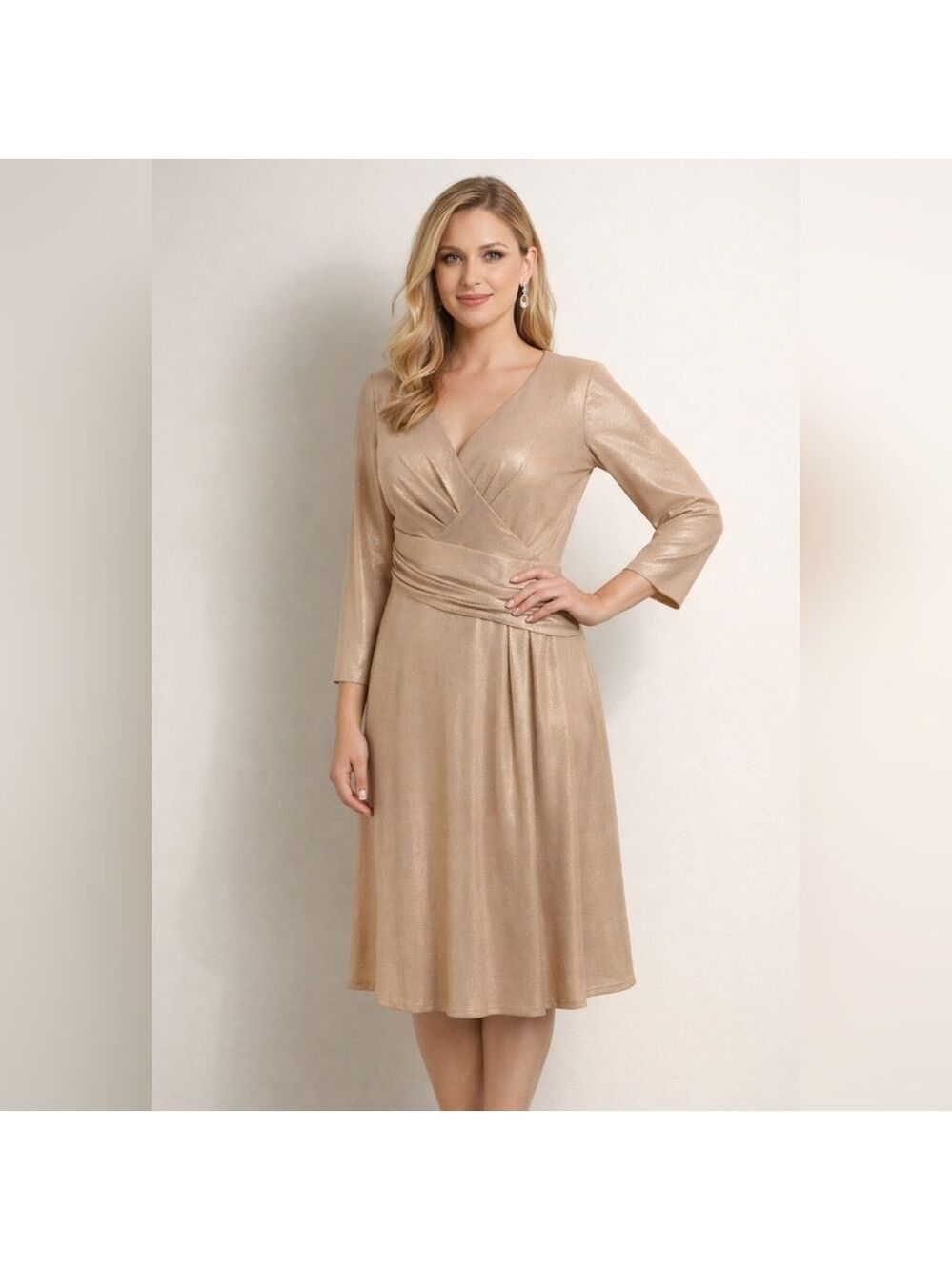 NWT Lauren Ralph Lauren Elegant Champagne Gold Shimmer Faux Wrap Dress. Size 12